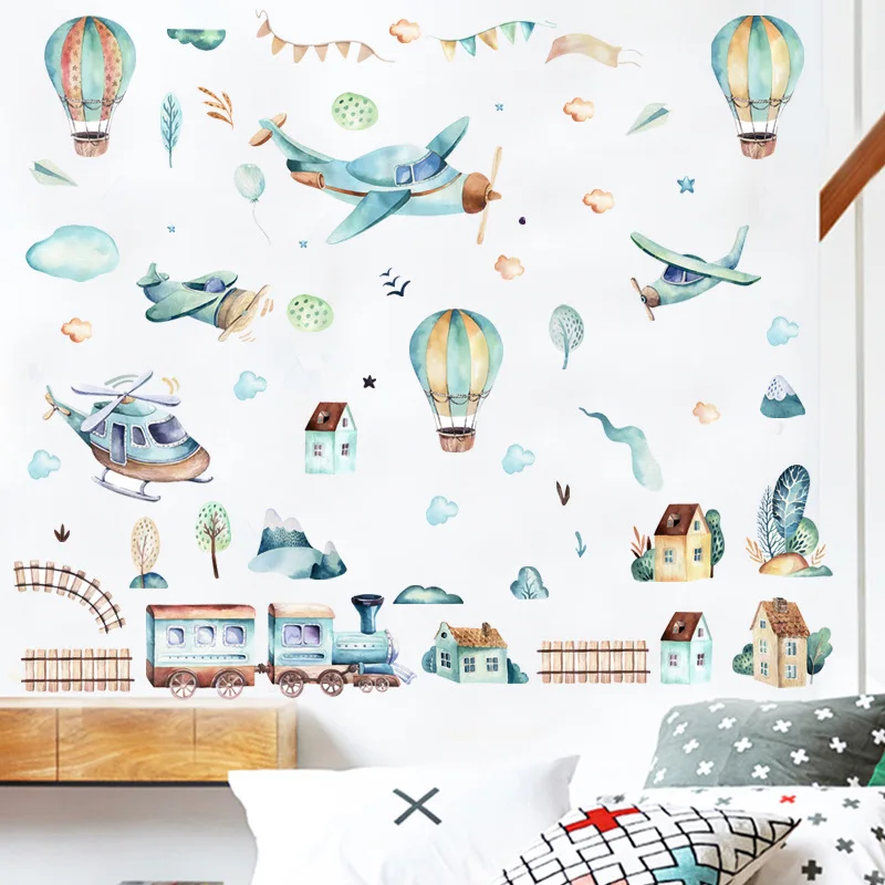 Kids Room Wall Decals Airplane Hot Air Balloon Train Wall Stickers for Boy\'s Room Bedroom Decals Baby Nursery Room Decor Stciker