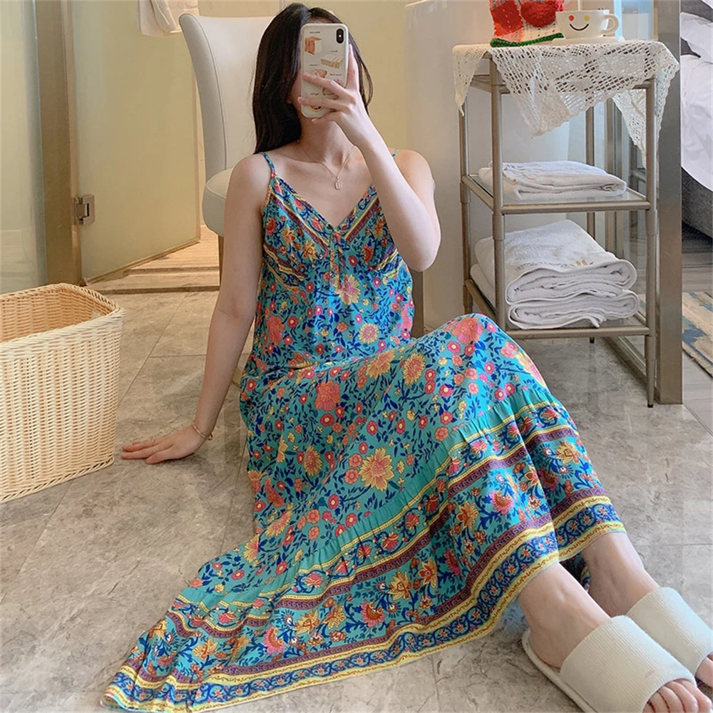 Summer Ladies Long Printing Nightdress Sling Nightgowns Women Sexy Bohemian Beach Dress Breathable Viscose Sleepwear Homewear