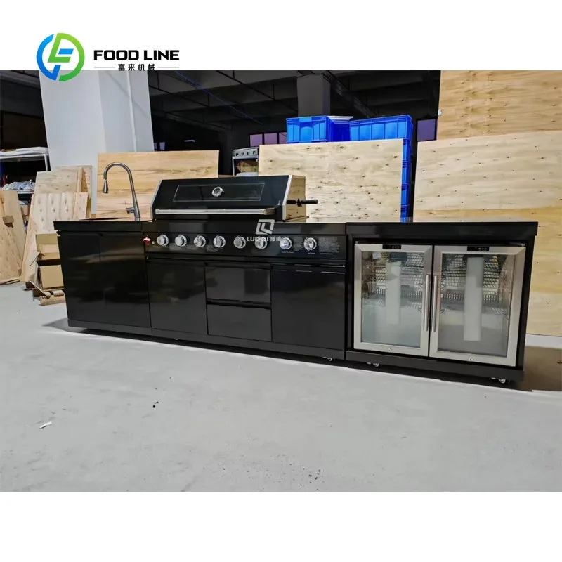 Customized High Quality 304 Black Stainless Steel Outdoor Kitchen Island Full Set with Rotisserie BBQ Grill Sink Fridge