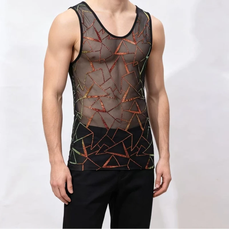 Hot Sale Black Sheer Mesh Sleeveless Tank Top for Men – Full Irregular Geometric Glitter Sequins Slim Fit See Through Club
