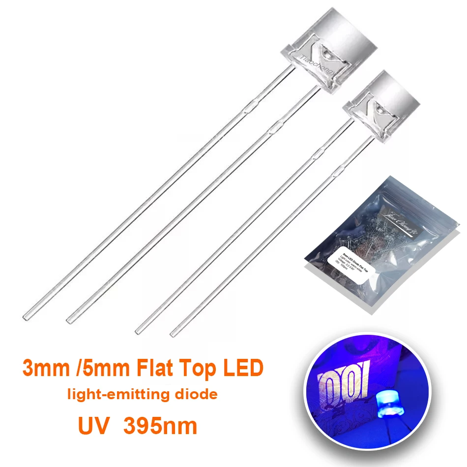 3mm 5mm Flat Top LED Ultra Violet UV light 395nm Purple Lamp 2pin 20mA light-emitting diode 20mA DIY Light Bulb