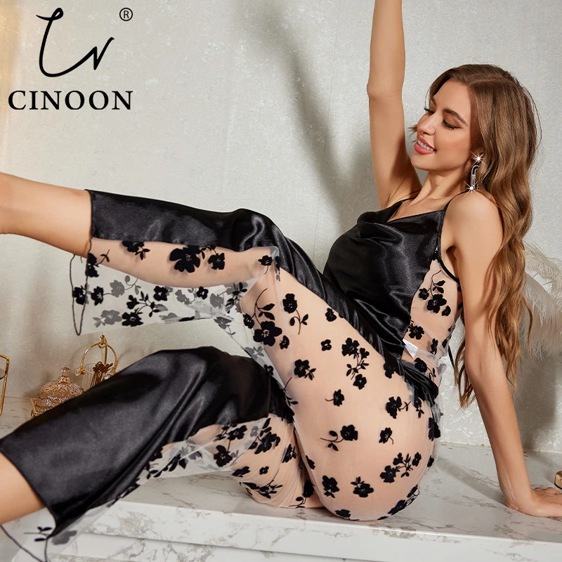 

CINOON женский сексуальный атласный пижамный комплект из ледяного шелка, мягкая одежда для сна из прозрачной сетки, дышащий комплект нижнего белья на тонких бретельках с капюшоном и вырезом
