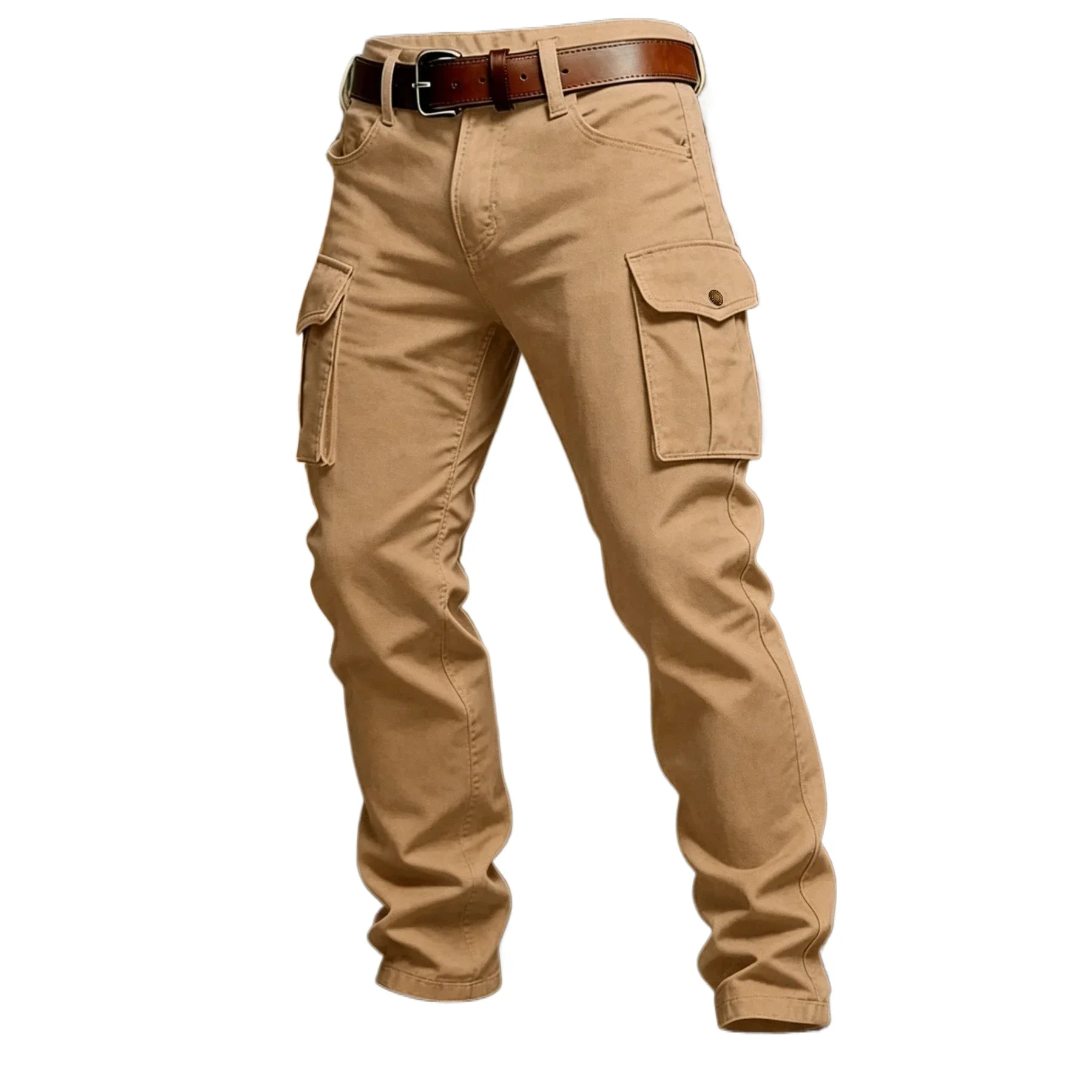 S‑6XL 100% Cotton Men Spliced Color Block Cargo Pants Multi‑Pocket Loose Elastic Waist Outdoor Casual Work Trousers