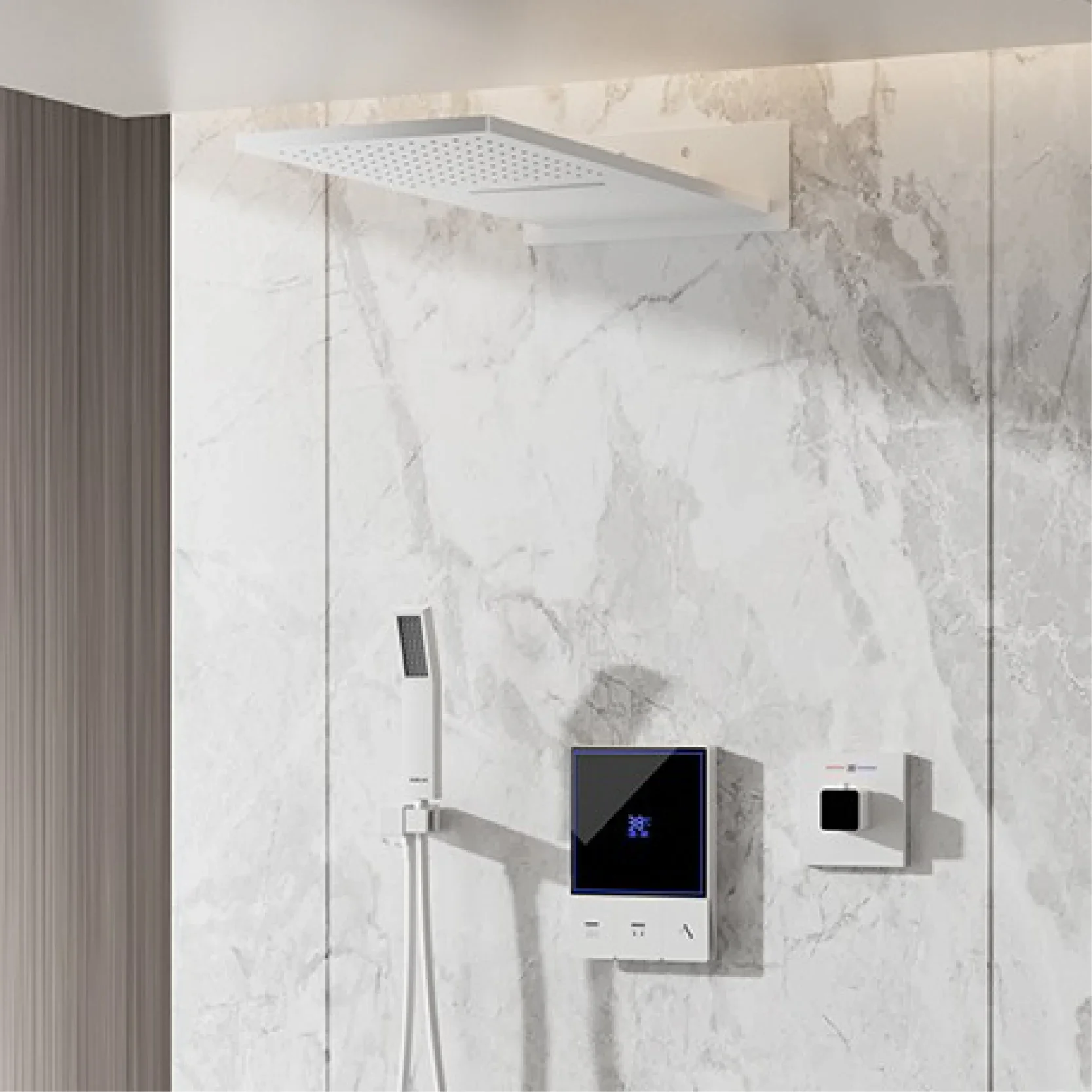 Luxury Gun Grey Brass Wall-Mounted Thermostatic Shower Set Rainfall LED Display&3 Spray Modes Anti-Scald Bathroom Mixer System
