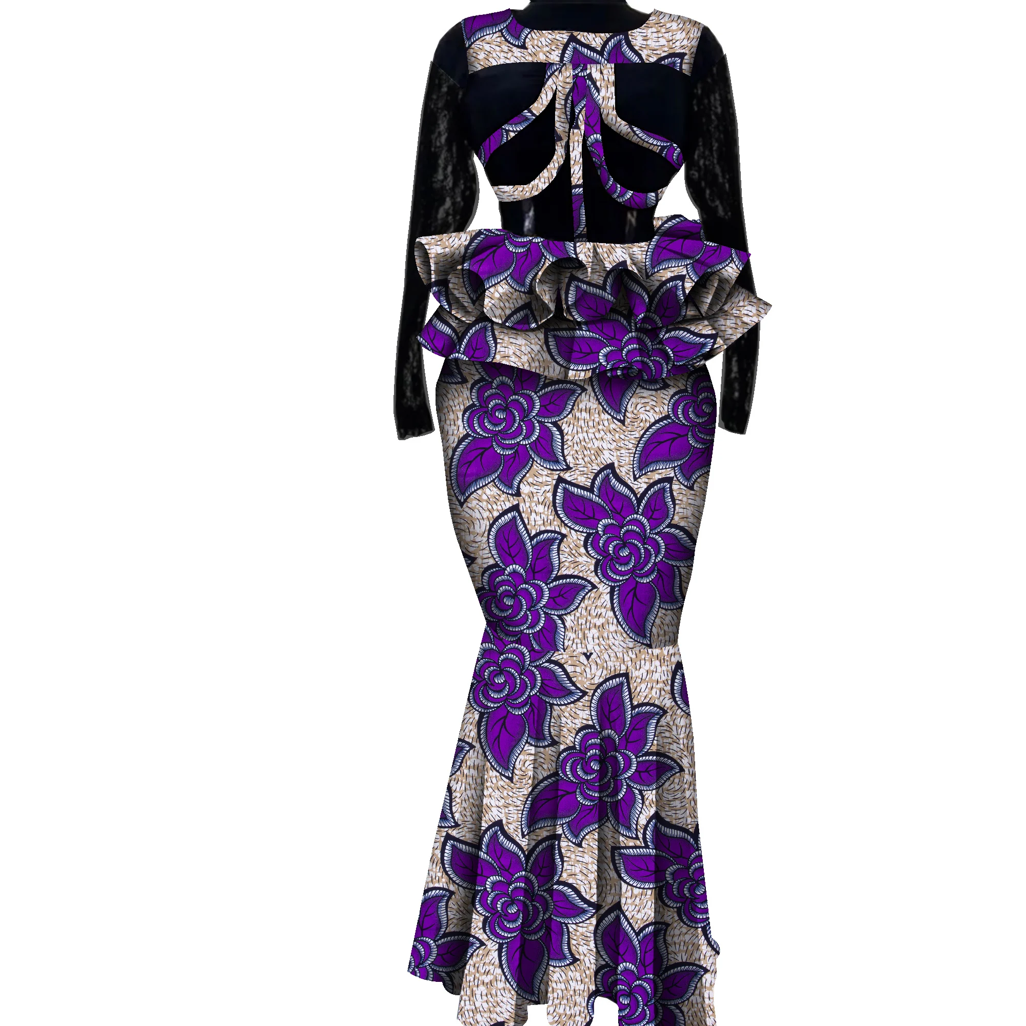 Conjunto de falda de 2 piezas para mujer, ropa con estampado africano, conjunto de top y falda de retazos, ropa de fiesta de boda de manga larga KG1324