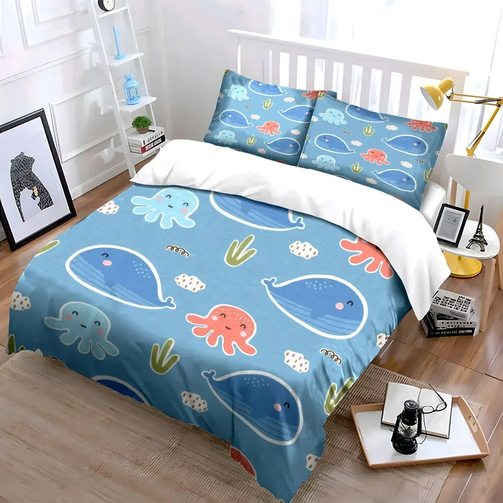 Cartoon Marine Animal Decor Set Soft Comfortable Duvet Cover Bedding Set Included 1*Duvet Cover & 2*Pillowcases, gift