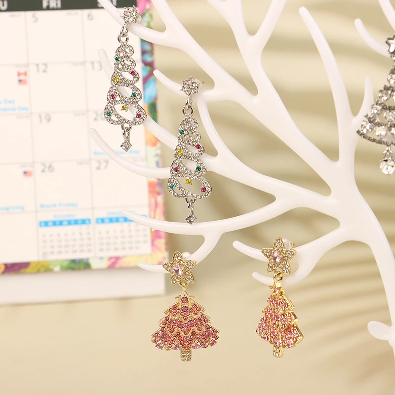 Colorful Sparkling Zircon Christmas Tree Earrings For Women Full Rhinestone Xmas Tree Dangle Earring Girls Holiday Party Jewelry