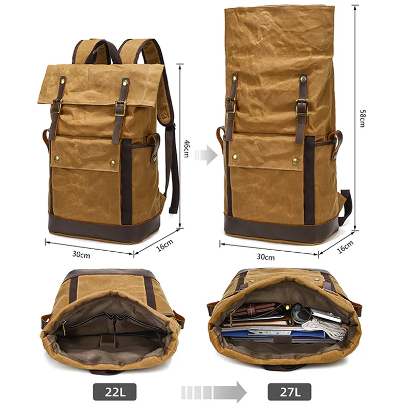 Rozkładany plecak retro o dużej pojemności dla mężczyzn, płócienny, wodoodporny plecak podróżny na zewnątrz z brązowymi skórzanymi wykończeniami i zapięciem na klamrę.