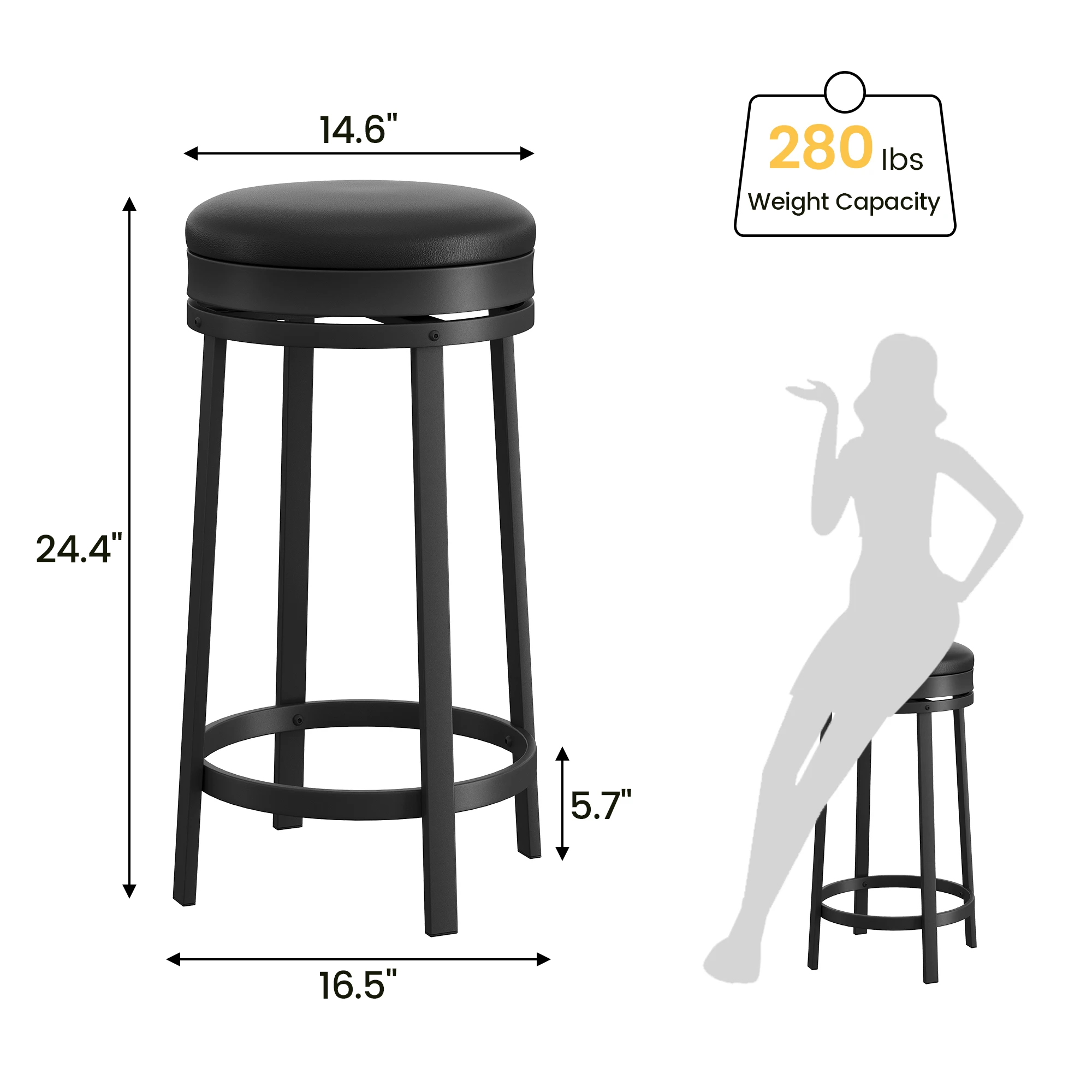 360° Swivel Counter Height Bar Stools, Set of 2 - 24 in Backless Round Seat, PU Leather Cushioned Upholstery, Metal Frame with Footrest for Kitchen Island/Home Bar - Brown/Black, Modern Counter Stools for Bistro & Cafe