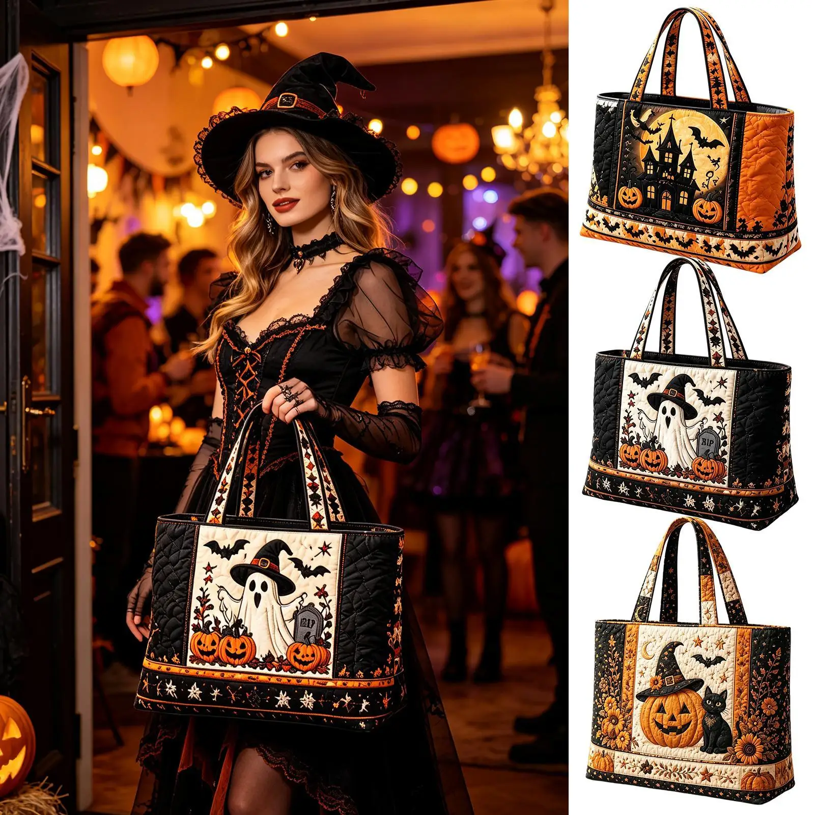 Halloween-Tragetasche, 3D-Grusel-Design, gesteppt, große Kapazität, Halloween-Themen-Handtasche zum Einkaufen, für Outdoor-Aktivitäten, Sandstrand, Bootsfahrten – Detail 10
