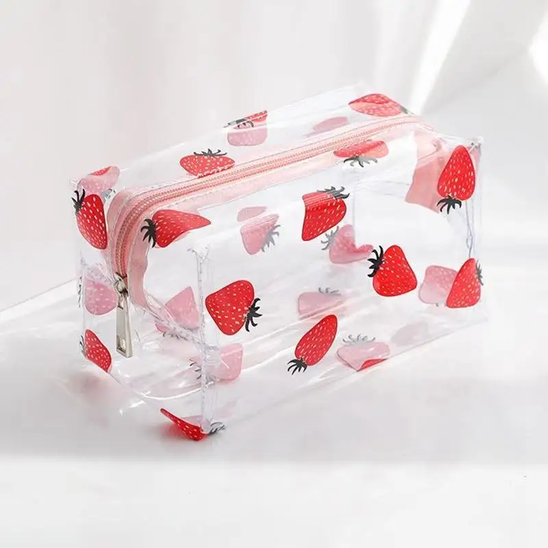 Cute Transparent Zipper Makeup Organizer—Made of durable PVC, perfect for travel, home use, and everyday carry