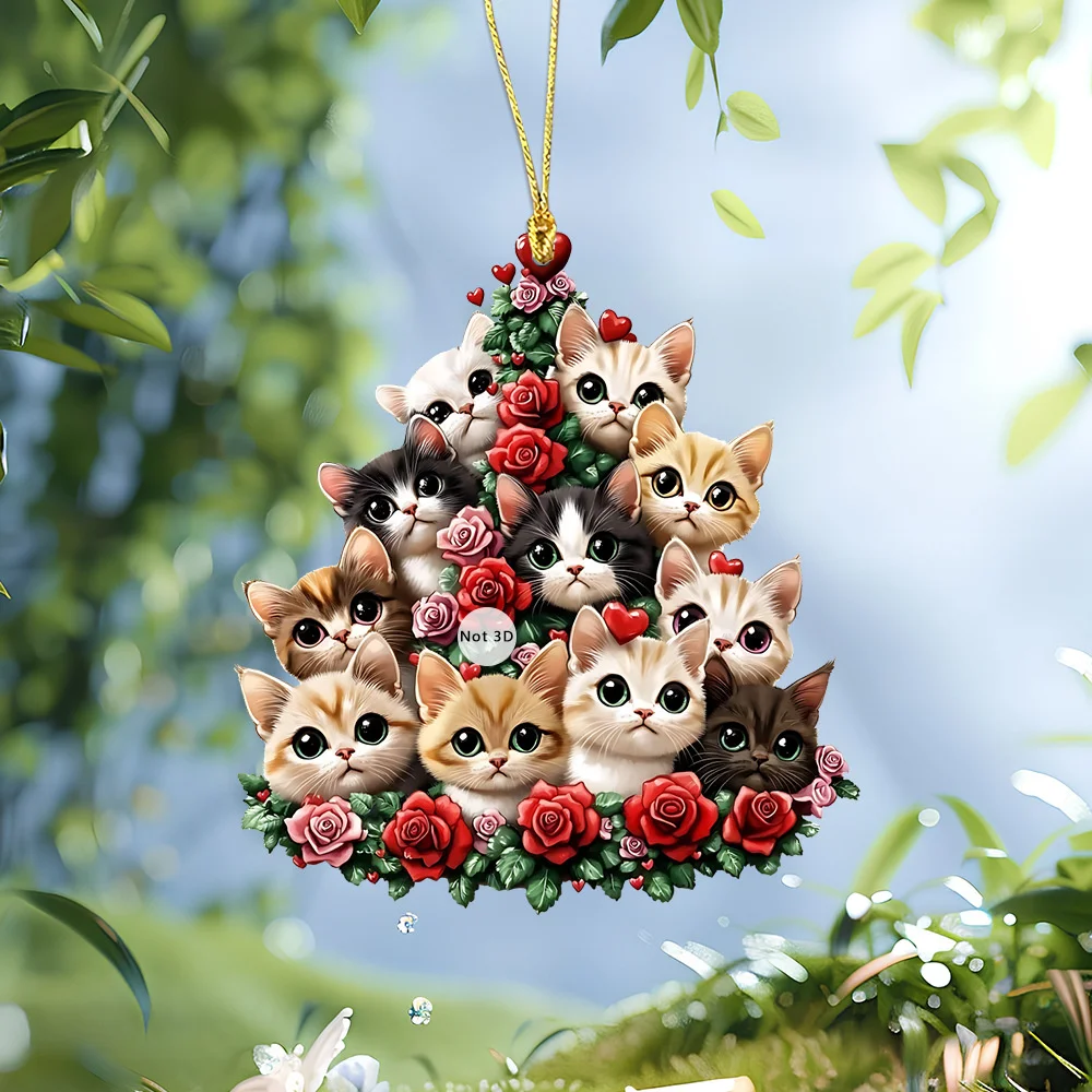 Sweet Rose Cat Dog Family Pendant 2D Car Interior Acrylic Decor Keychain Hanging Ornaments Jewelry For Valentine's Day Party