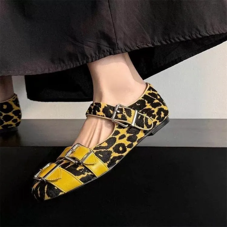 

Personalized Leopard Print Belt Buckle Women's 2026 Spring and Autumn Round-Toe Flat Shallow Casual Shoes