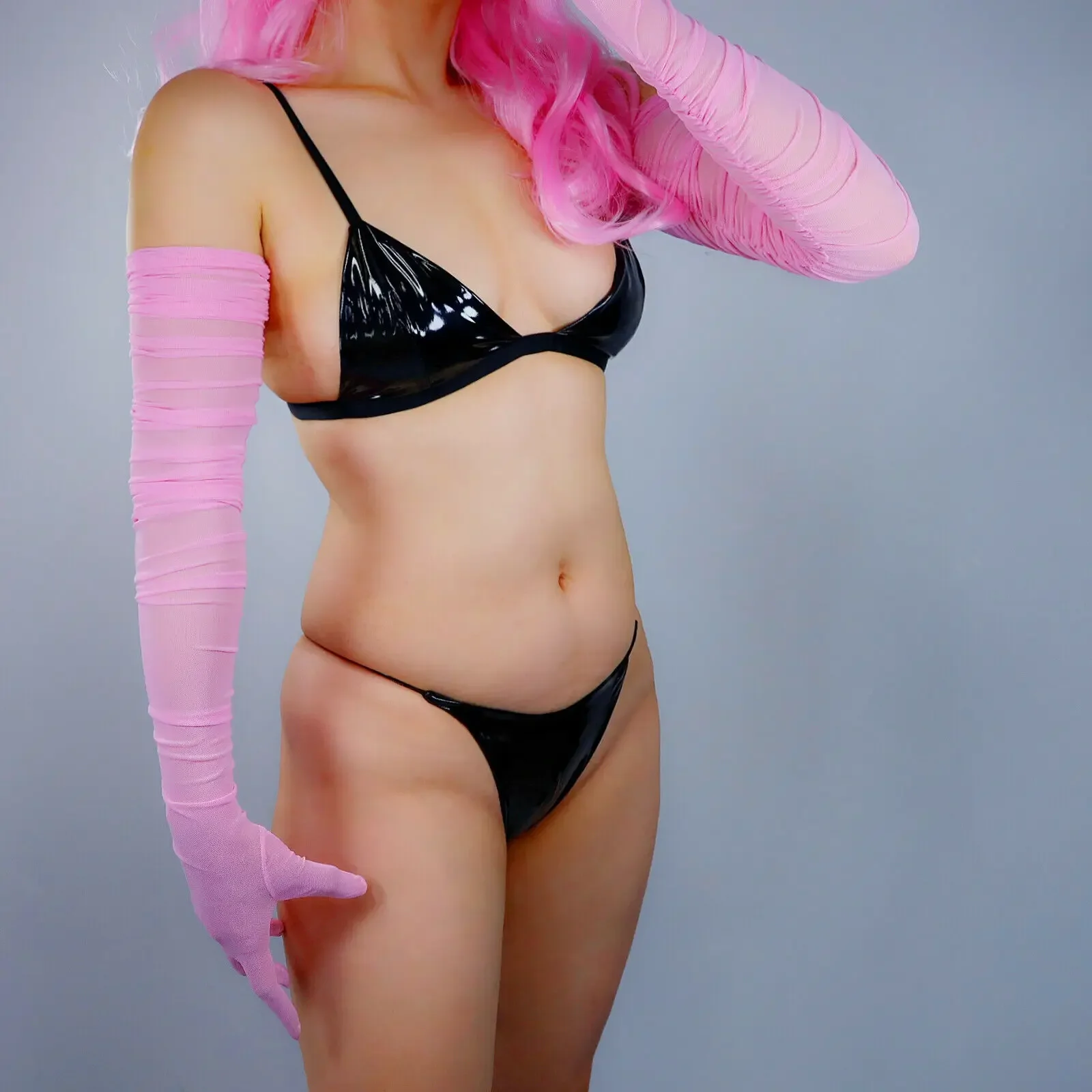 قفازات نسائية طويلة وردية TECH Ruched مطوي مثير شير بسط تول الدانتيل شبكة الرقص ملهى ليلي مساء زي قفاز #1