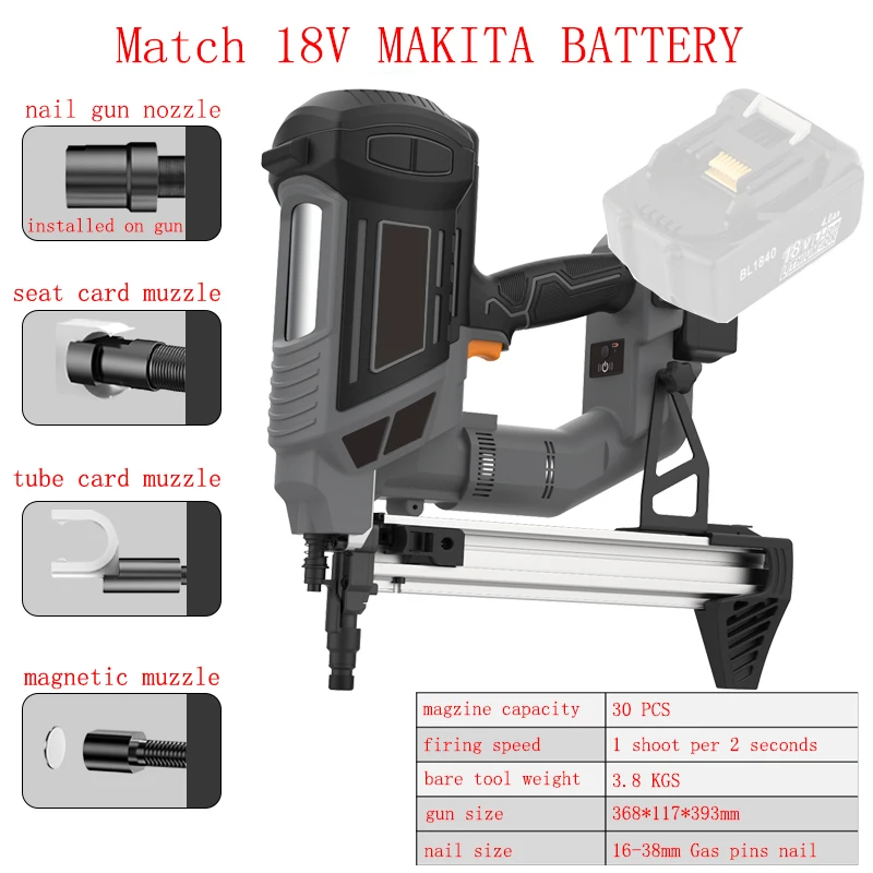 Air Insert 18V Concrete Nail Gun Steel Nail Gun Steel Pins Gun For Frame Trunking Tube Concrete Match Makita Battery （BODY ONLY)