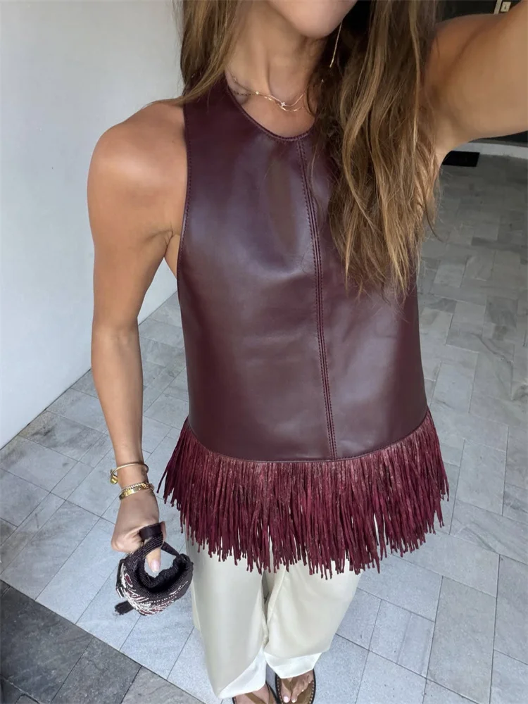 Women's Backless PU Leather Tank Top with Tassel Detail