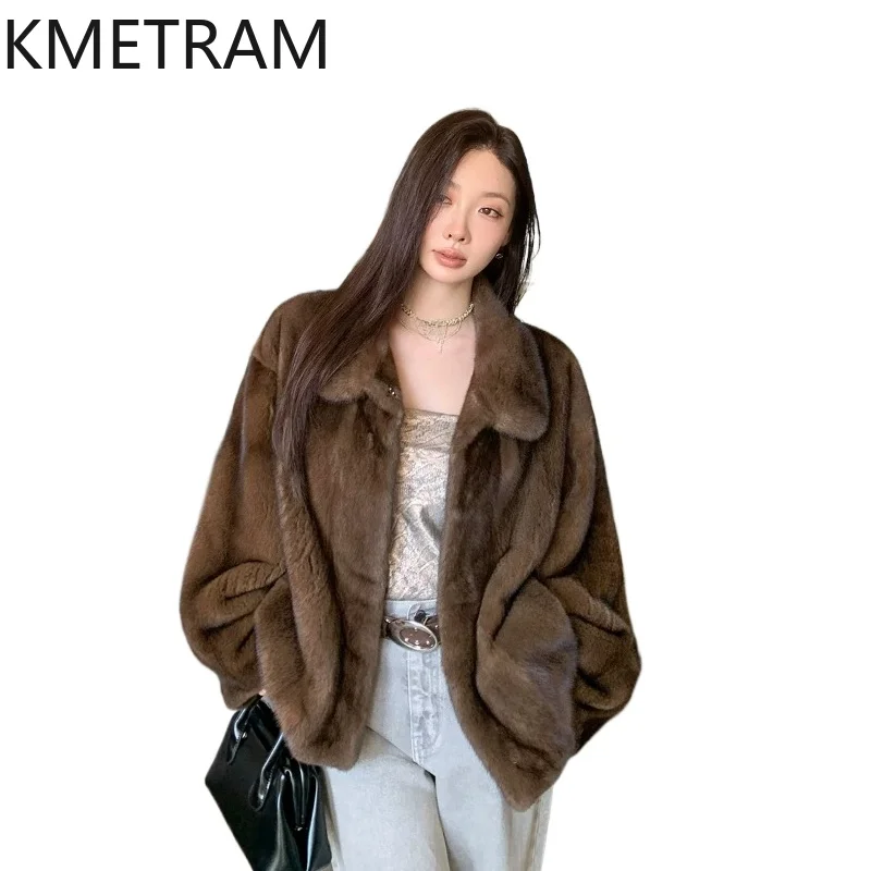 KMETRAM Women's Purple Label Velvet Whole Mink Fur Jacket Lapel Collar Winter Coats Real Fur Coat Woman Clothing 60cm 2026 шуба