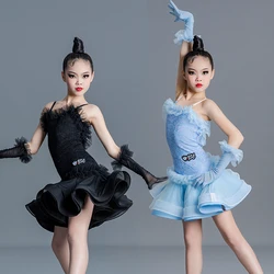 Blue White Black Latin Dance Dress Girls Performance Latin Dance Costume Kids Rumba Samba Chacha Ballroom Dancing Wear XS6405