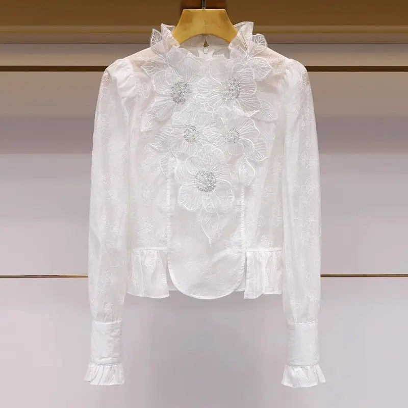 

Fashion Flower Shirt For Women 2025 Spring/summer New Style Temperament Half High Collar Nail Bead Flower Top For Women