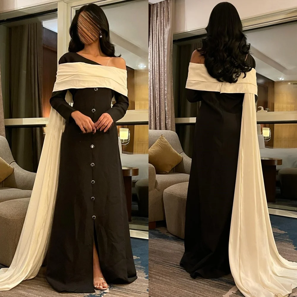 Disesuaikan kualitas tinggi gaun Prom Satin tombol A-line panjang lantai sederhana Bespoke gaun acara hitam/putih gaun malam panjang