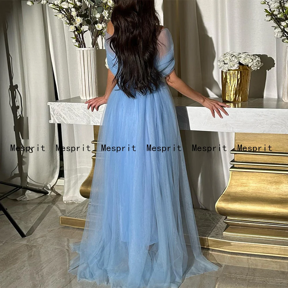 Light Blue Prom Dresses Customized Off The Shoulder Crystals Tulle Train Saudi Arabic Party Gown Mermaid Evening Dress