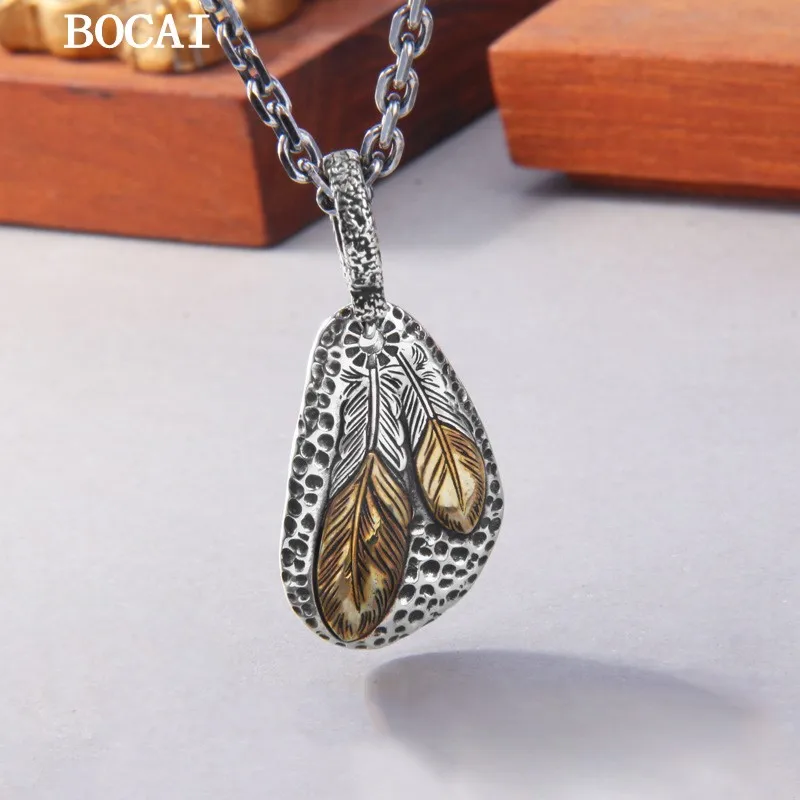 

S925 Sterling Silver Irregular Concave Convex Face Feather Fossil Pendant Buckle Can be Opened, Gift for Men and Women