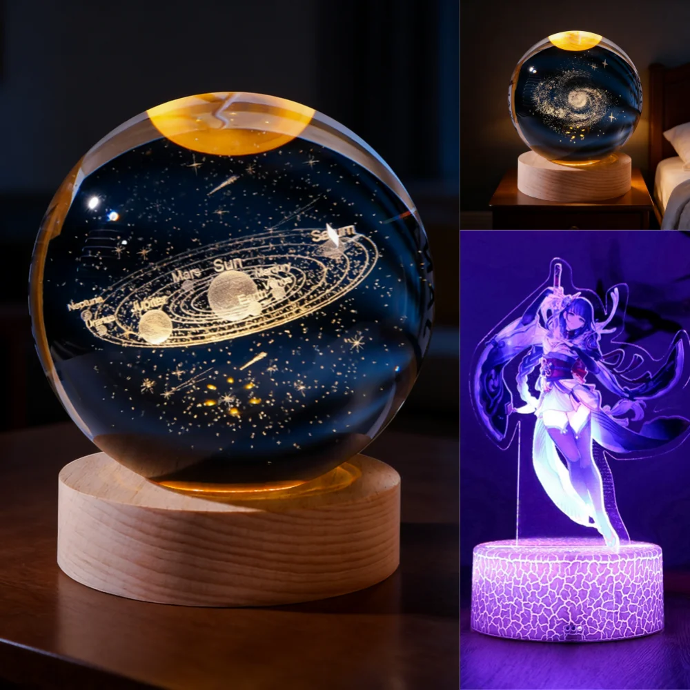 Lámpara LED de Noche con Bola de Cristal 3D Única, Lámpara de Mesa con Luz de Galaxia, Saturno, Planetas y Luna, Regalo de Cumpleaños para Niños