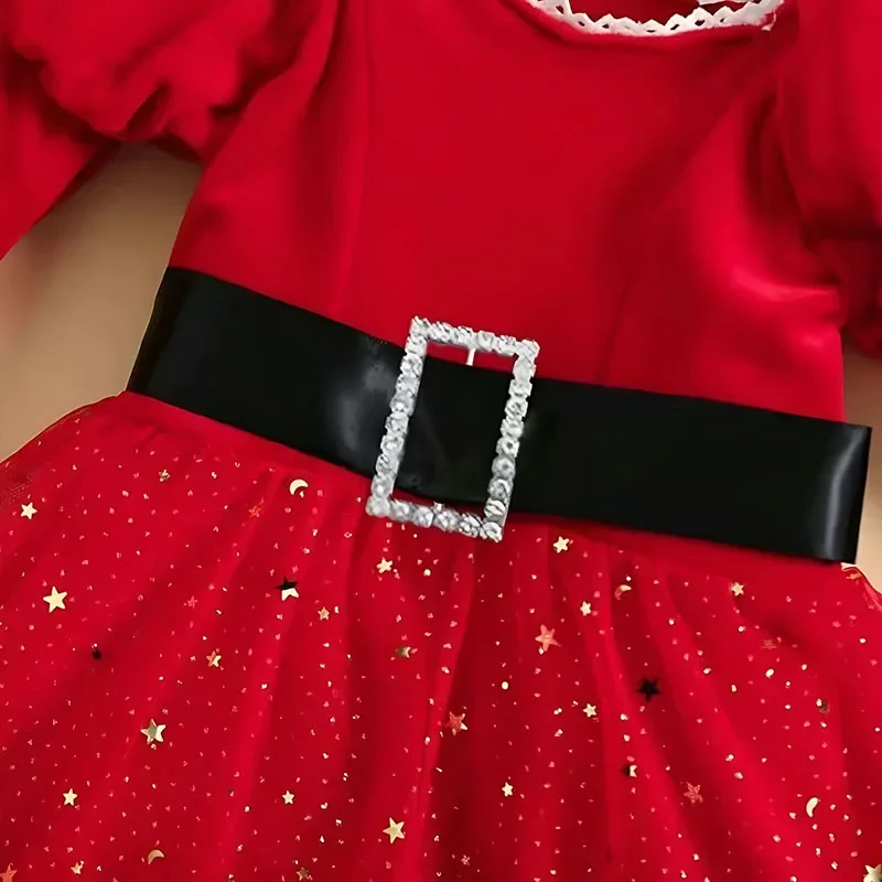 Christmas Children\'s Clothes 1-5Y Girls Long sleeve Dresses Stars Sequin Mesh Princess Dress with Bow Headband Festival Costume