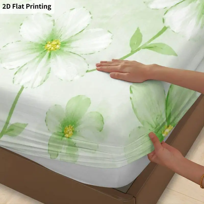 3Pcs Green Floral Fitted Sheet Three Piece Set (1*Fitted Sheet + 2*Pillowcases, Coreless), Bedding Set