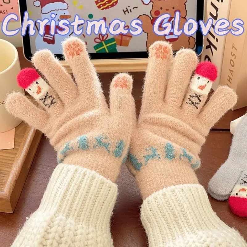 

Winter Christmas Snowman Knitted Gloves Cartoon Warm Plush Outdoor Activities Finger Split Finger Touchable Screen Mittens Gift