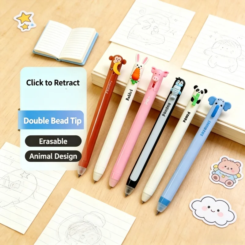 Retractable Eraser Pen Click - 6'lı Paket Sevimli Karikatür Hayvan Figürlü