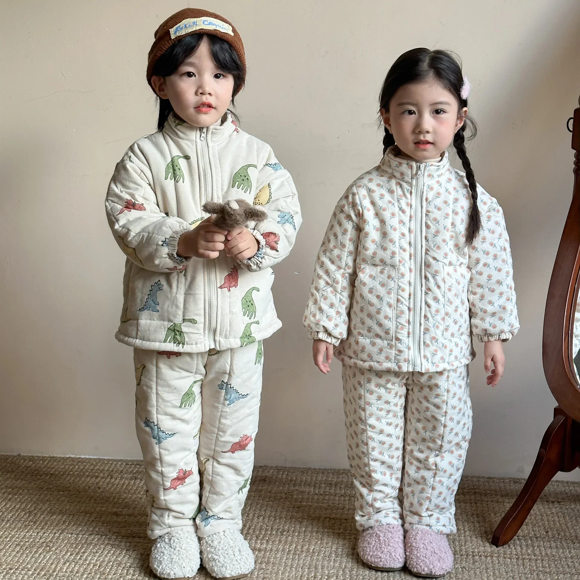 2024 Winter New Children Plus Velvet Thick Pajamas Suit Boys Girls Cartoon Print Home Clothes Set Kids Thicken Warm Outfits