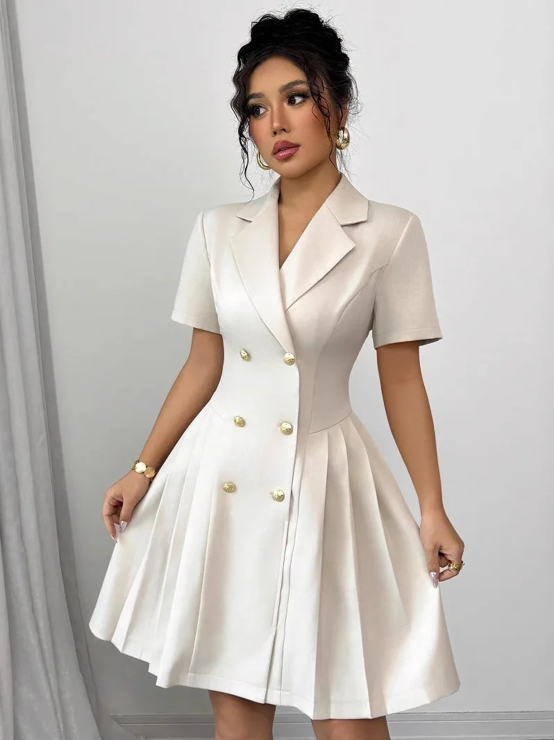 

Busin Commute Sle plus Size ort Dr Pure Color Svel Waist-Cinching Double-Button irt Dr Women's Faion