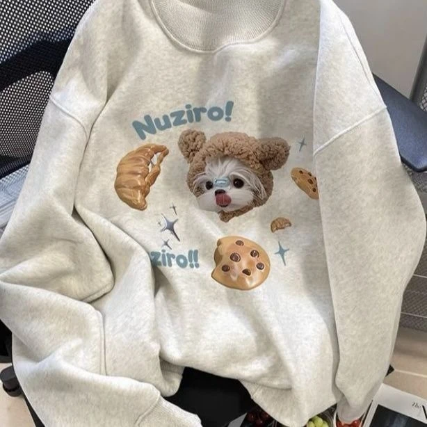 Niedlicher kleiner Hund, dicker Kapuzenpullover für Damen, reiner Baumwolldruck, 2025, neuer Stil, lockerer Rücken und vielseitiges Top, Y2k-Streetwear