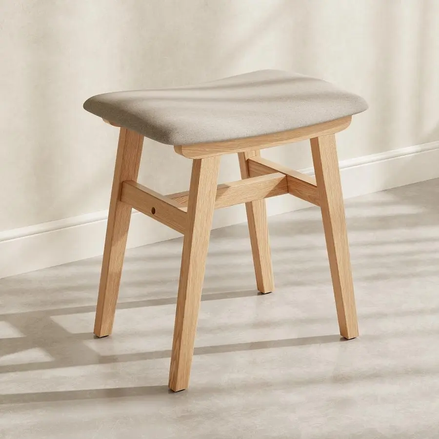 

Wood Vanity Stool, Compact Makeup Chair with Saddle Cushion, LinenCovered High Rebound Sponge Seat, Easy Assembly Footstool for