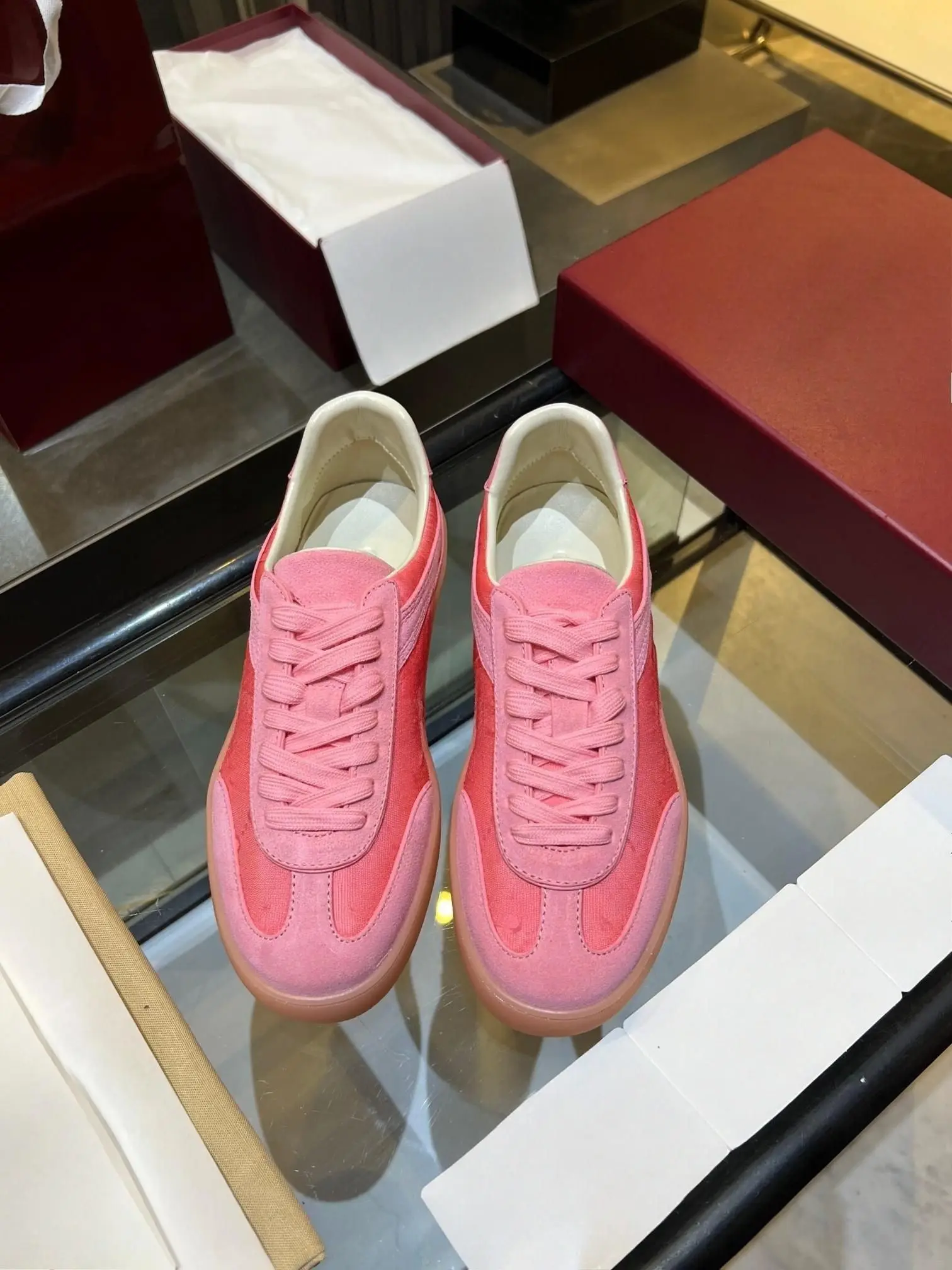 Unisex Pink Retro German Trainer Sneakers, Suede & Fabric Mixed Upper Lace Up Low Top Flat Gum Sole Casual Walking Shoes