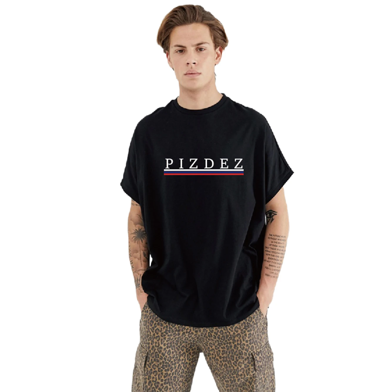 S-5XL Men\'s T-Shirt Style Pizdez Print With Russia Flag Style Summer Men\'s Shirt Cotton Short Sleeve Top for Unisex Large Size