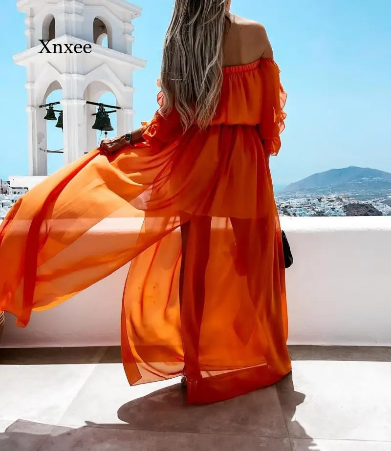 Summer Fashion Ladies Slash Neck Slash and Floor Length Ruffle Maxi Dress Lace Up Casual Beach Solid Style Dress