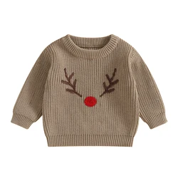 Girls Boys Christmas Knit Sweater Long Sleeve O Neck Elk Snowman Santa Hat Embroidery Pullover Knitwear