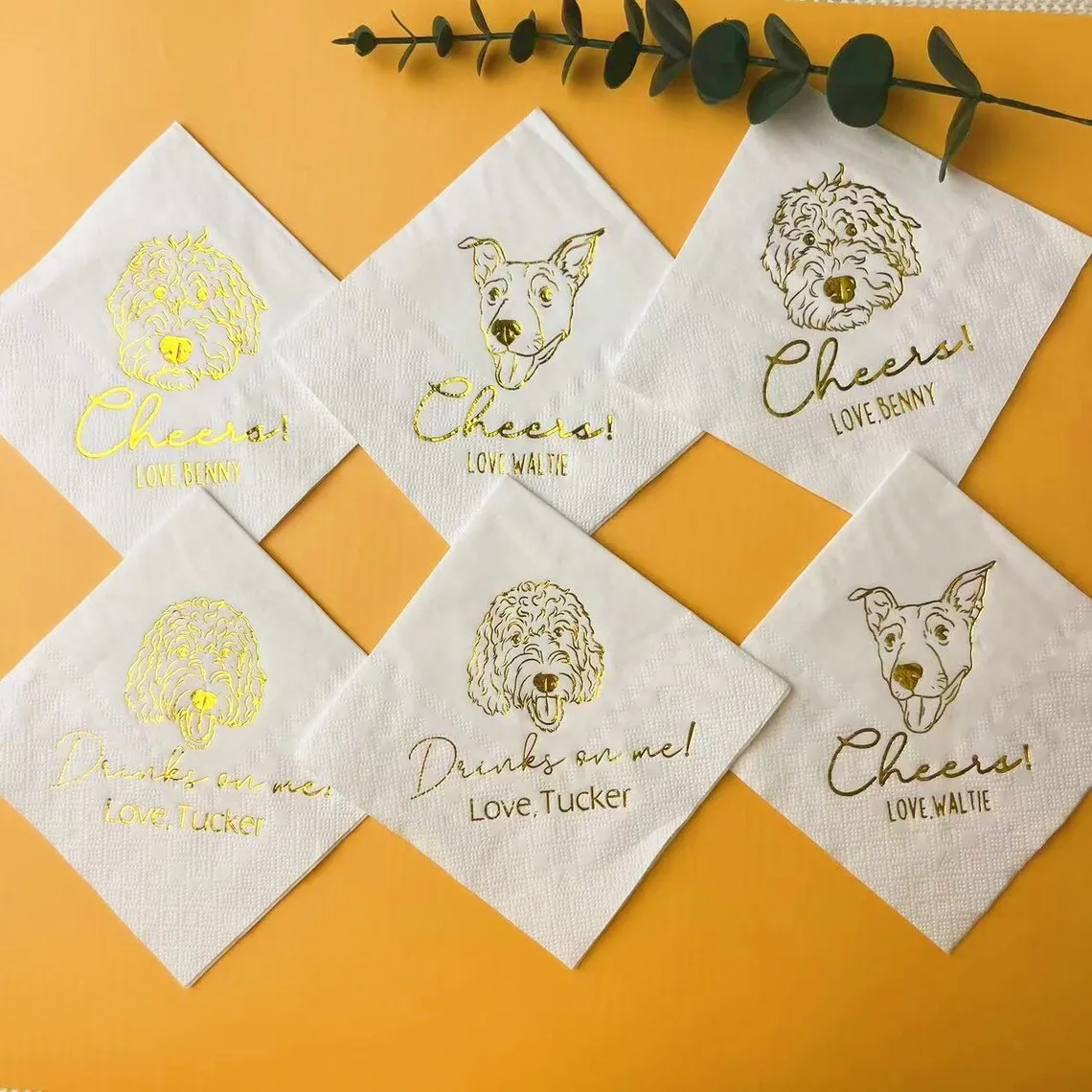 25PCS Custom Gold Foil Pet Wedding Napkins, Custom Birthday Napkins, Illustrated Dog Wedding Napkins, Party Napkins, Custom Lunc