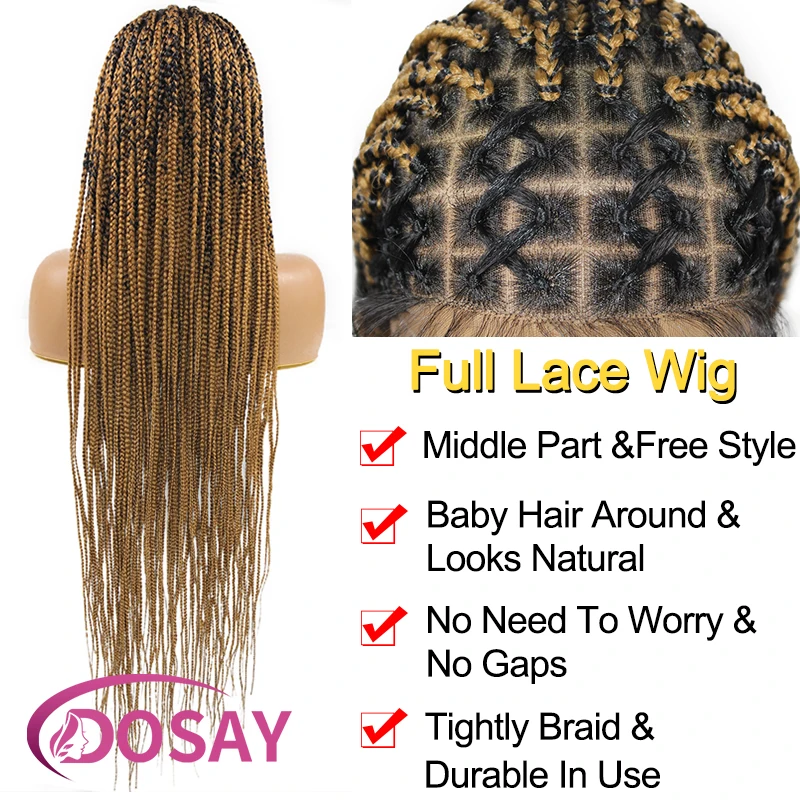 Full Lace Criss Cruz Trança Peruca, Ombre Loira, Box Tranças, Peruca com o cabelo do bebê, Knotless, Cornrow Trançado Perucas, 36"