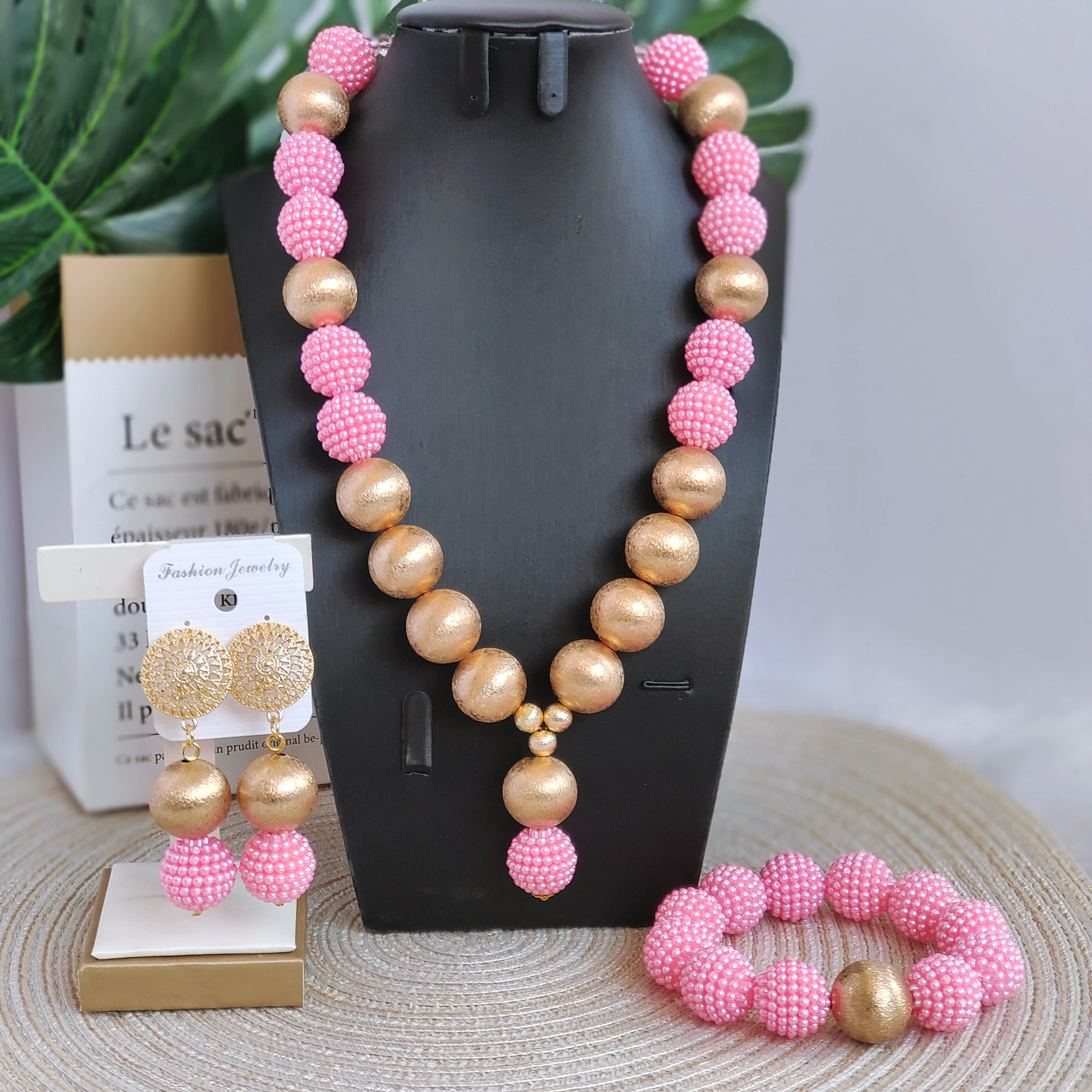 

African Necklace Nigerian Wedding Peach Beads Jewelry Set Simulated Pearl