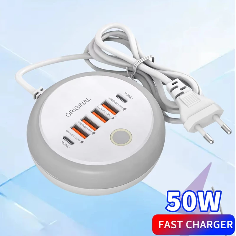 USB Charger 50W Multi Ports Power Strip Socket Type C Fast Charging Wall Adapters For iPhone Huawei Xiaomi Mobile Phones Charger