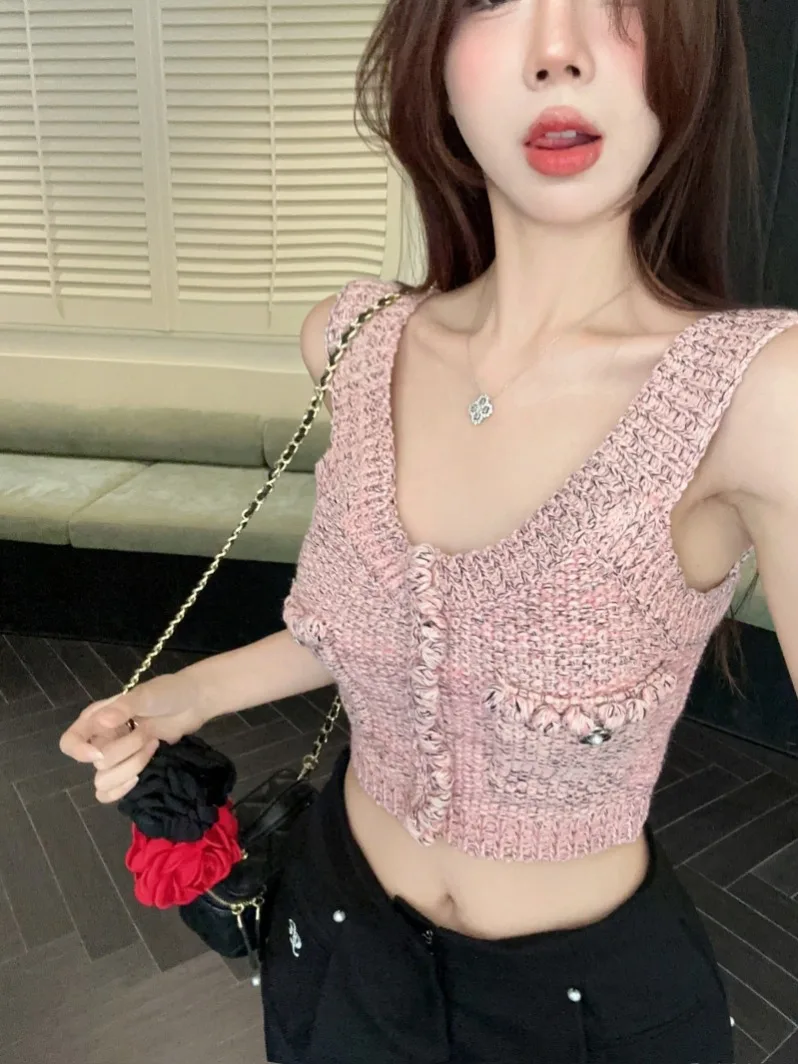 سترة نسائية أنيقة بحزام محبوك صيفي جميل برائحة صغيرة نقية الرغبة الحارة قصيرة بدون أكمام قمة أساسية ضيقة