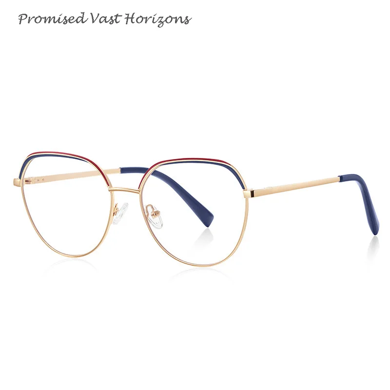 Simple Geometric Line Design Red Green Pink Double Color Gold Metal Ladies Blue Light Blocking Plano Lens Eyewear Glasses Frame