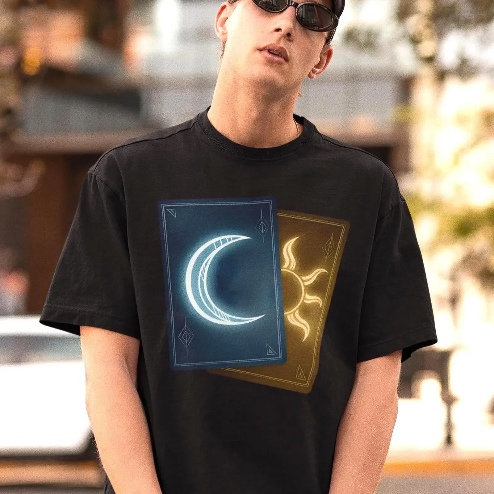 Men's Black Crew Neck T Shirt with Glowing Crescent Moon and Sun Playing Card Design vintage Washed graphic Casual streetwear