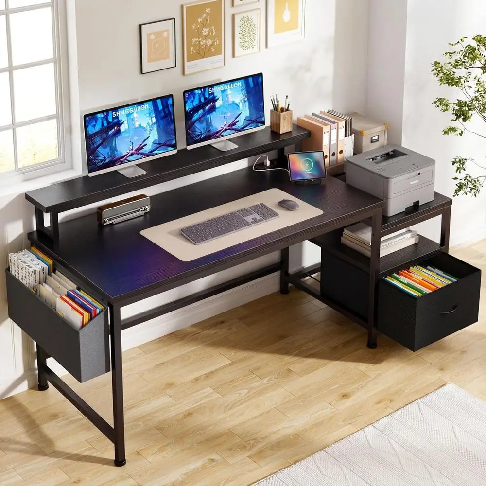 56.5 Spacious Desk with Drawers and Printer Shelf for Home Office, Black | Desk with 3 AC Outlets & 2 USB Ports, 40 Long Monitor