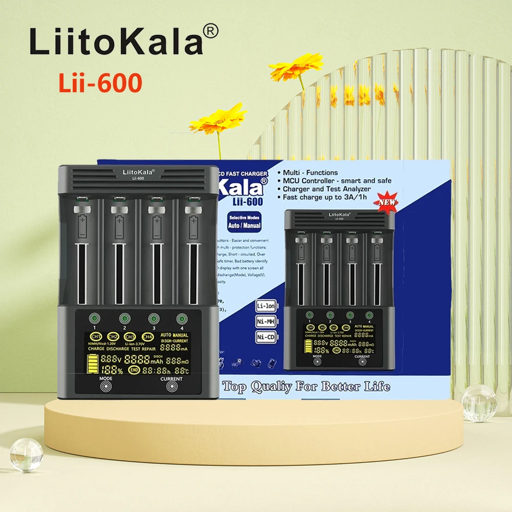 LiitoKala Lii-600 Battery Charger For Li-ion 3.7V and NiMH 1.2V battery Suitable for 18650 26650 21700 26700 AA + 12V5A adapter