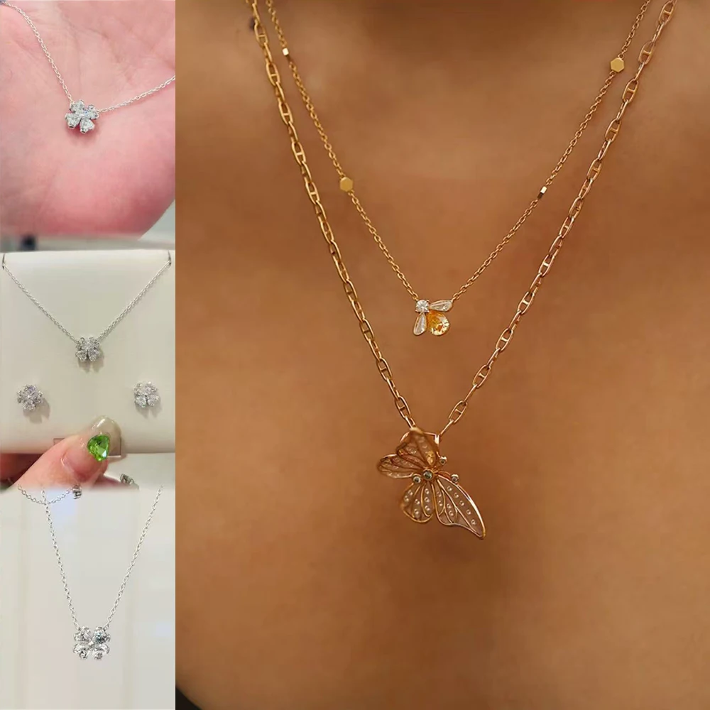 Lucky Series 925 Sterling Silver Clover&Butterfly Heart&Little Bee Necklace Girlfriend Love Gift Jewelry view 3