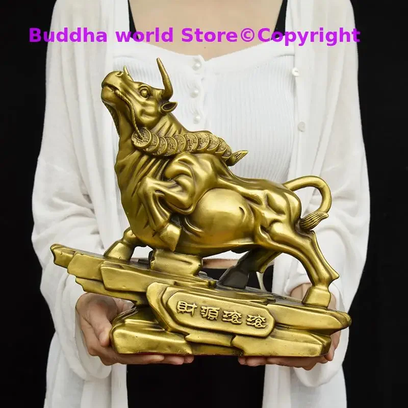 GOOD LUCK Auspicious COPPER ornament living room Company Decorative ART ZHAO CAI fortune BULL Statue CAI YUAN GUN GUN